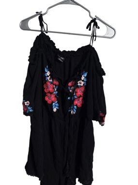 City Chic Black Off-Shoulder Bodysuit with Pink & Blue Floral Embroidery
